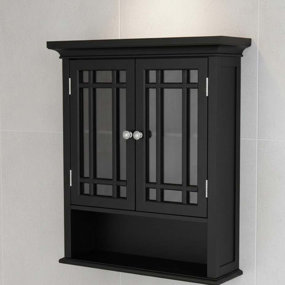 Black wall-mounted cabinet with glass doors against a light gray tiled wall.