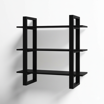 Black wall shelf with multiple shelves on a white background