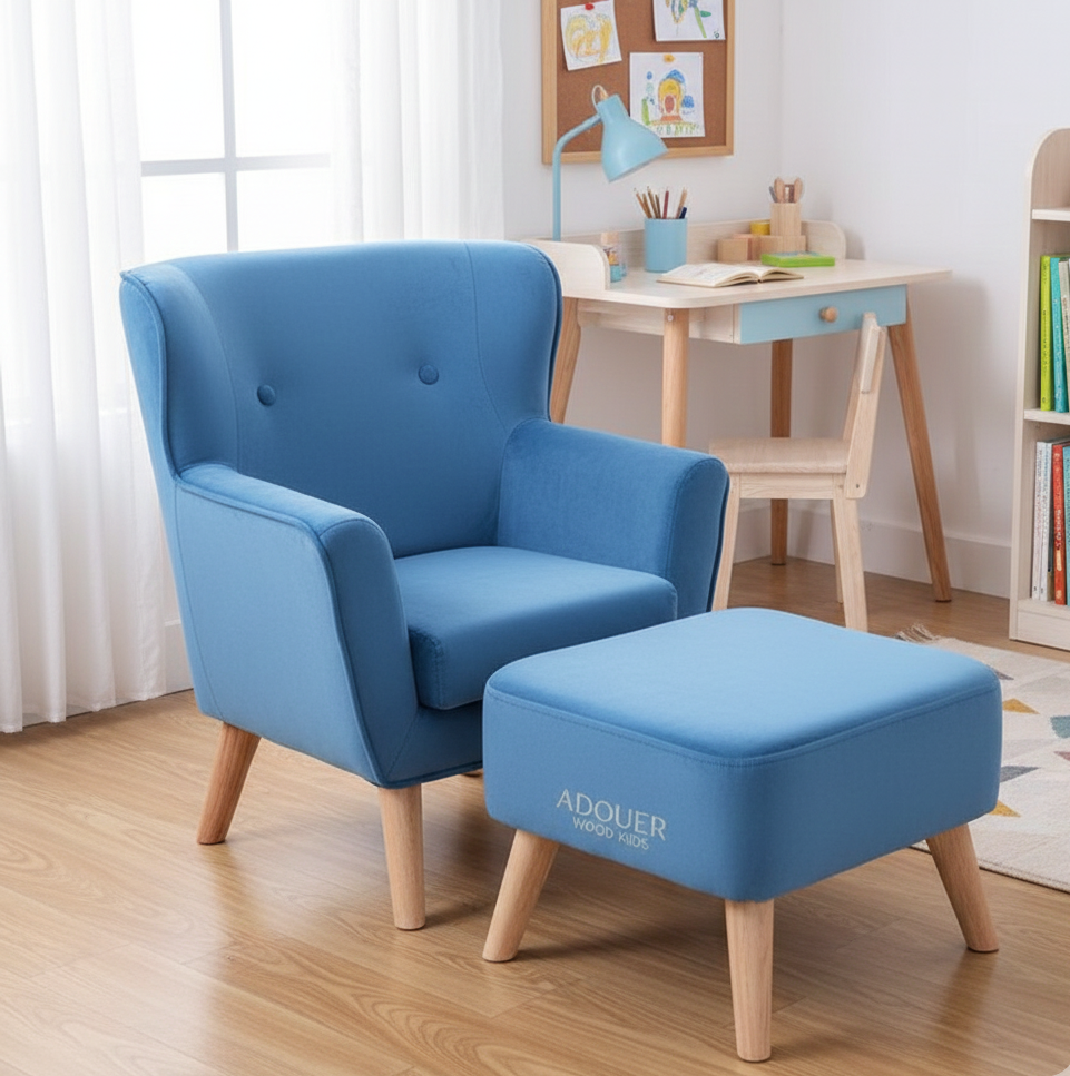 Blue armchair and ottoman with 'ADOUER ' branding in a room with a desk and books.