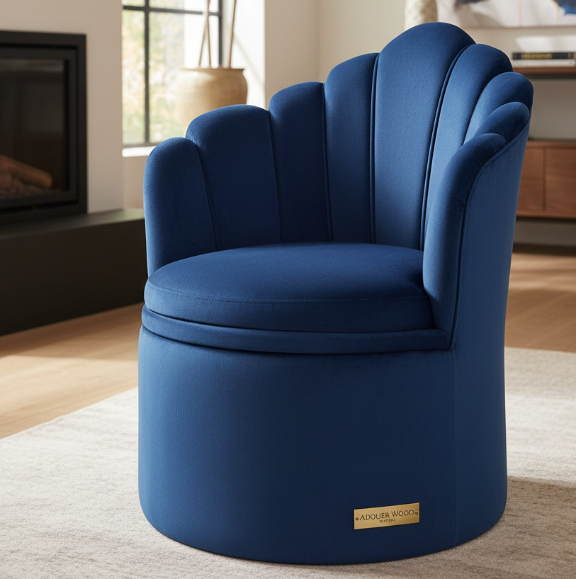 Blue armchair with scalloped backrest in a living room setting