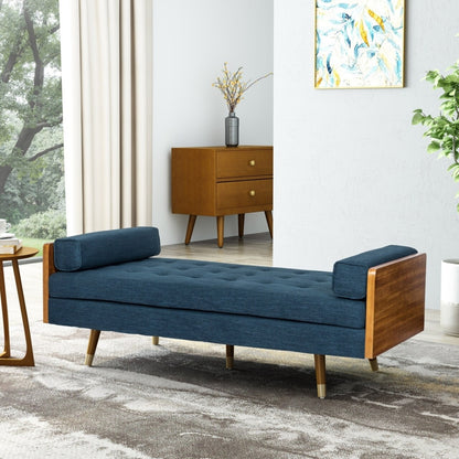Blue bench with wooden frame in a living room setting