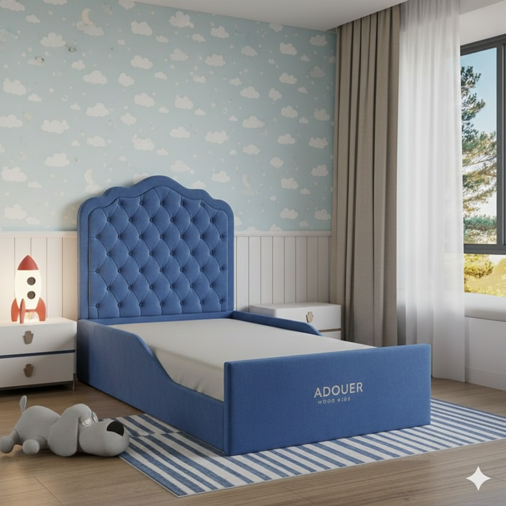 Blue upholstered bed in a child's bedroom with cloud-patterned wallpaper and toys on the floor.