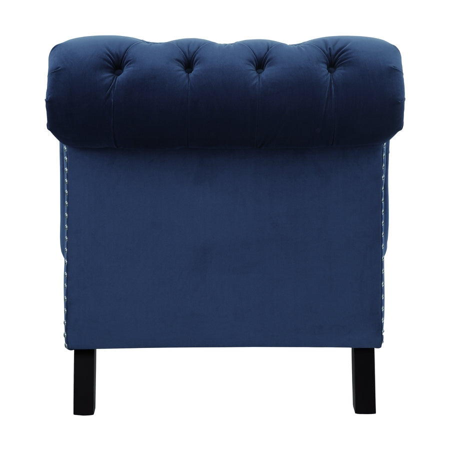 Blue upholstered chair with tufted backrest on a white background