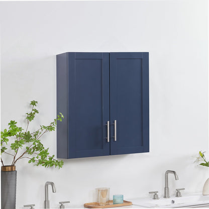 Blue wall-mounted cabinet in a bathroom setting with a sink and plant.