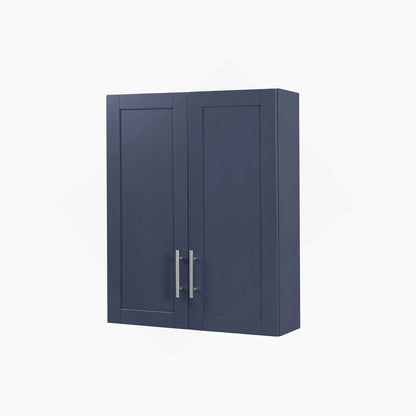 Blue wall cabinet with two doors and a handle on a white background