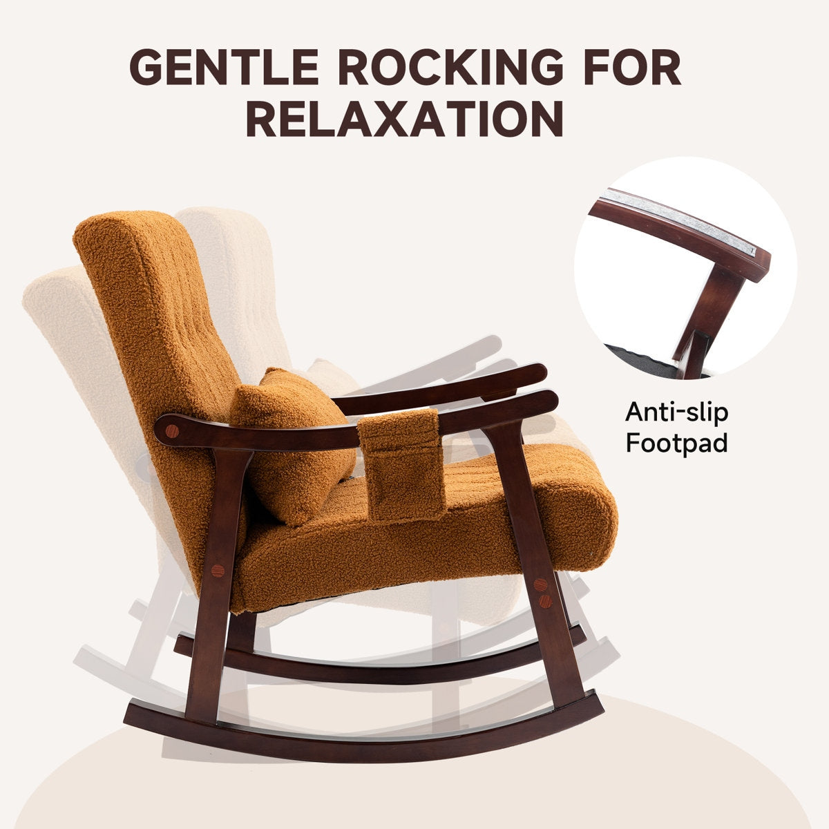 Brown and white rocking chair with text 'Gentle Rocking for Relaxation' and 'Anti-slip Footpad' on a white background.