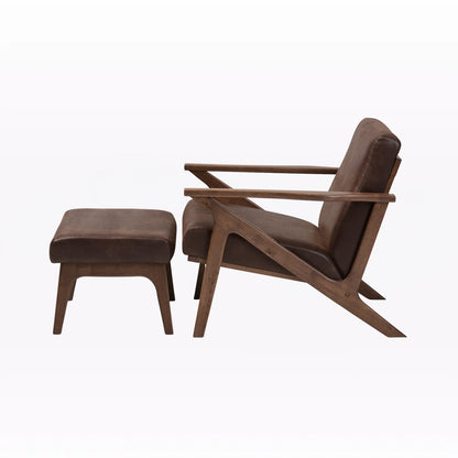 Brown armchair and ottoman set on a white background
