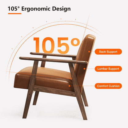 Brown armchair with ergonomic design features highlighted on a white background