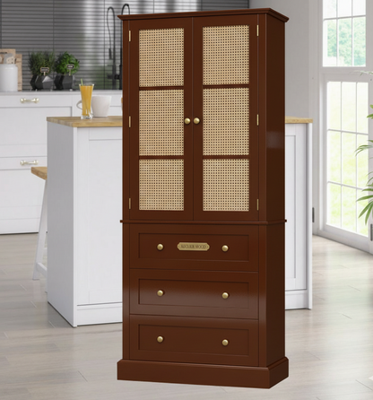 Brown freestanding cabinet with wicker doors in a kitchen setting