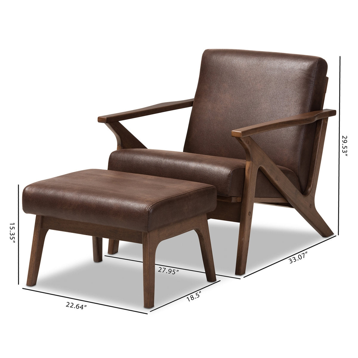 Brown leather armchair and ottoman with dimensions on a white background