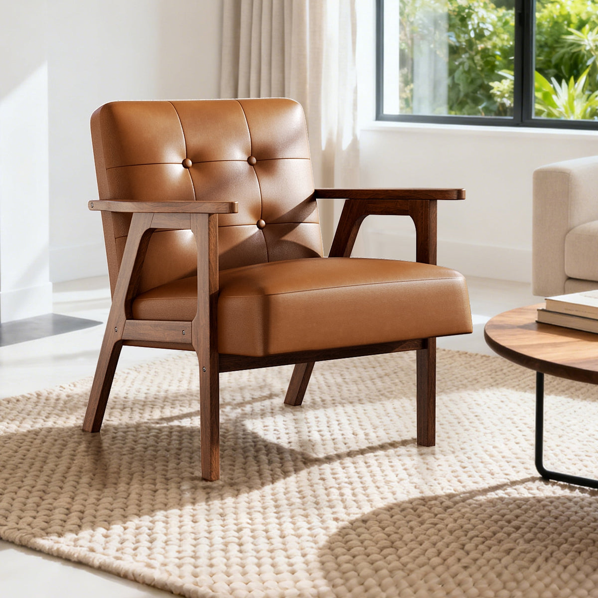 Brown leather armchair in a modern living room with a rug and window in the background