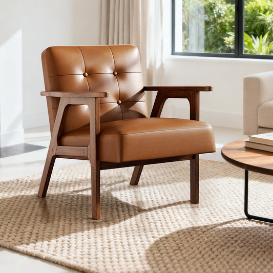 Brown leather armchair in a modern living room with a rug and window in the background