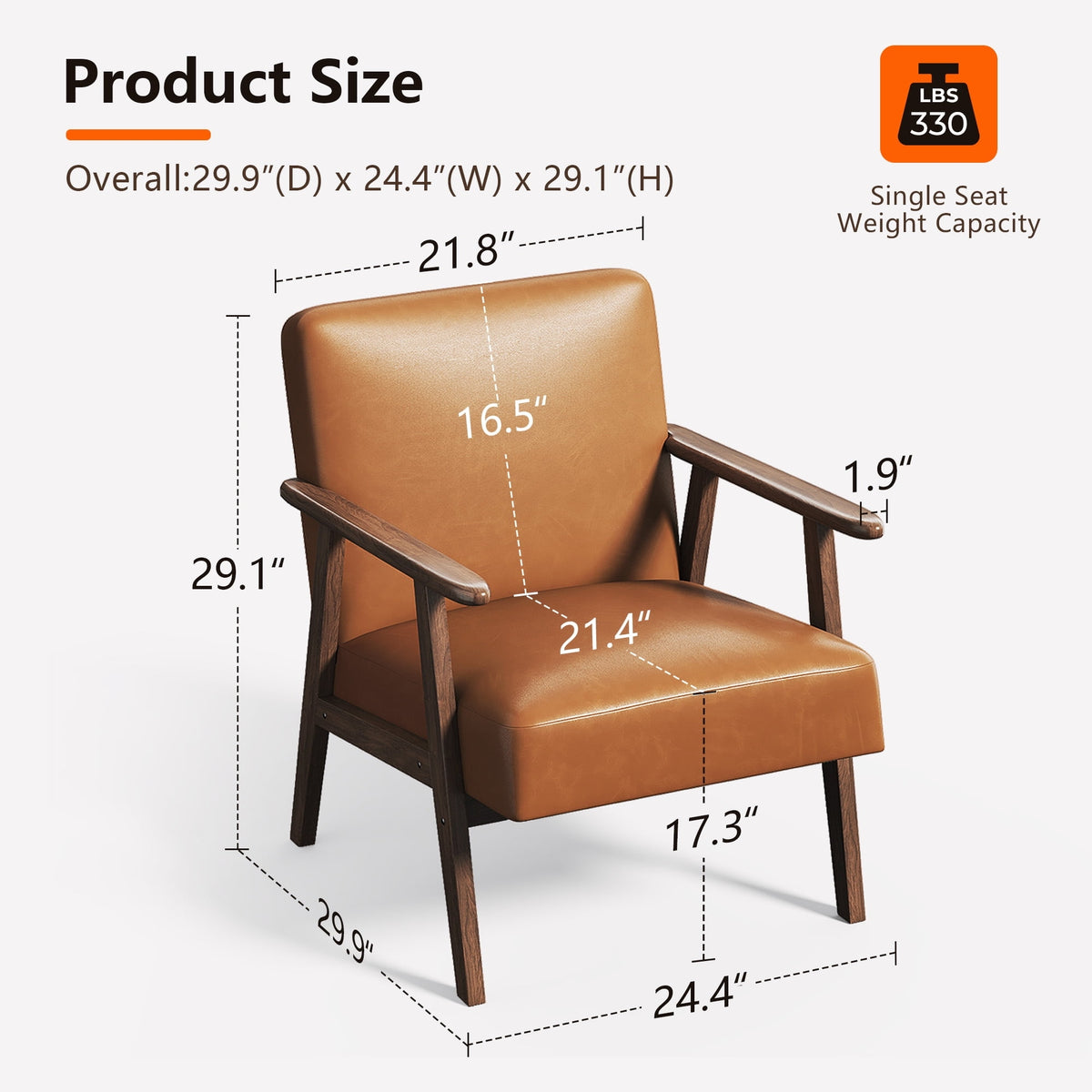Brown leather armchair with dimensions labeled on a white background