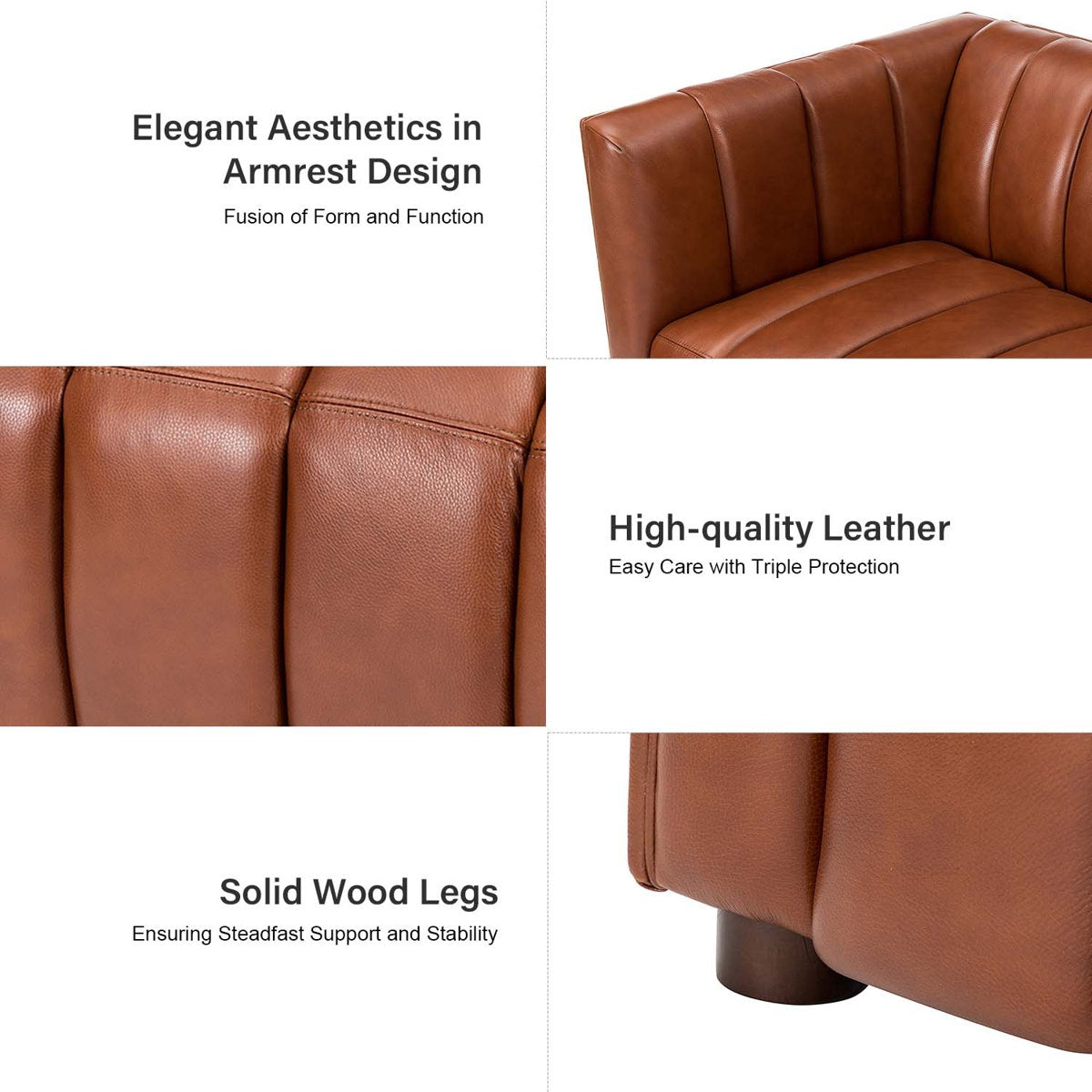 Brown leather armrest with text highlighting design, leather quality, and leg material.