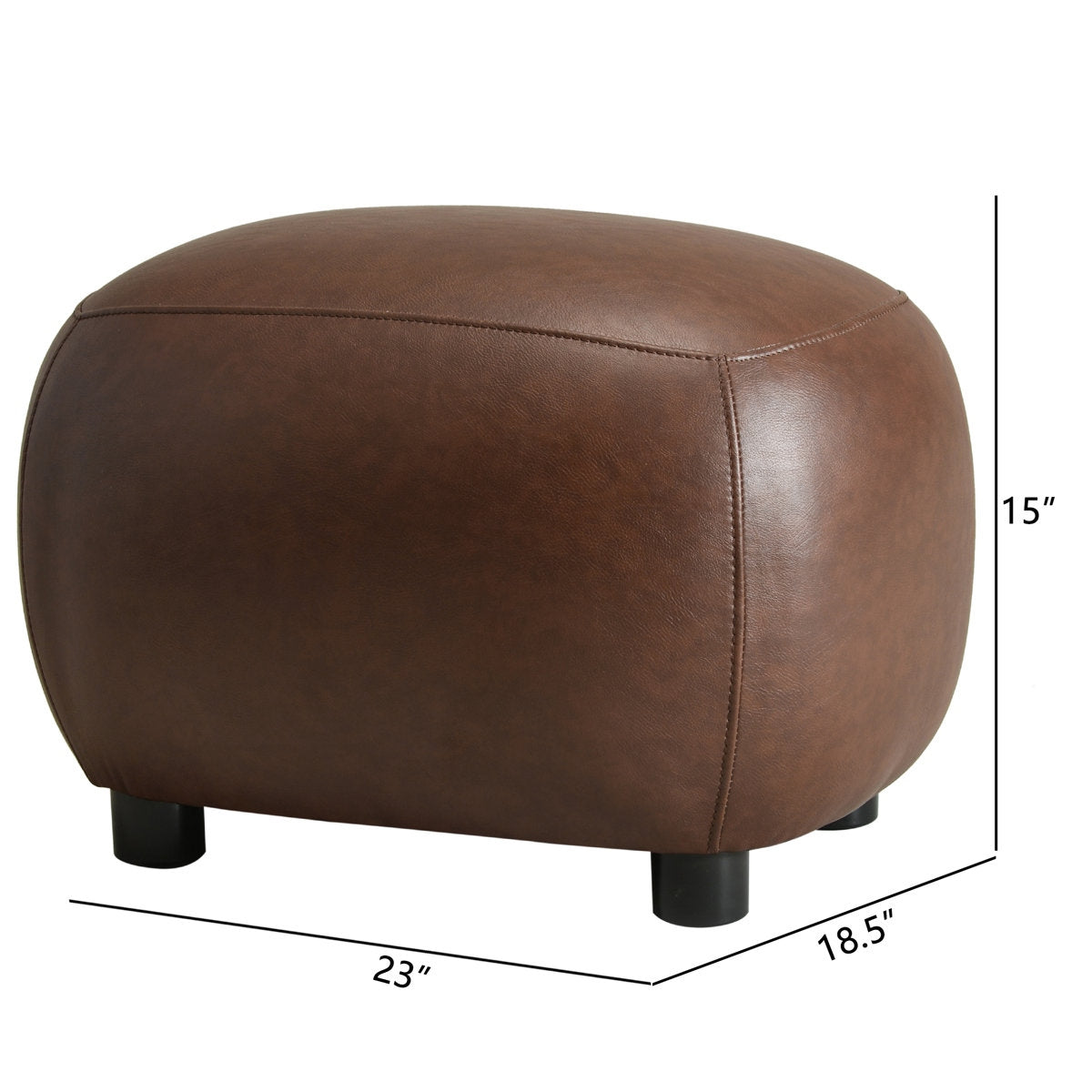 Brown leather ottoman with dimensions on a white background