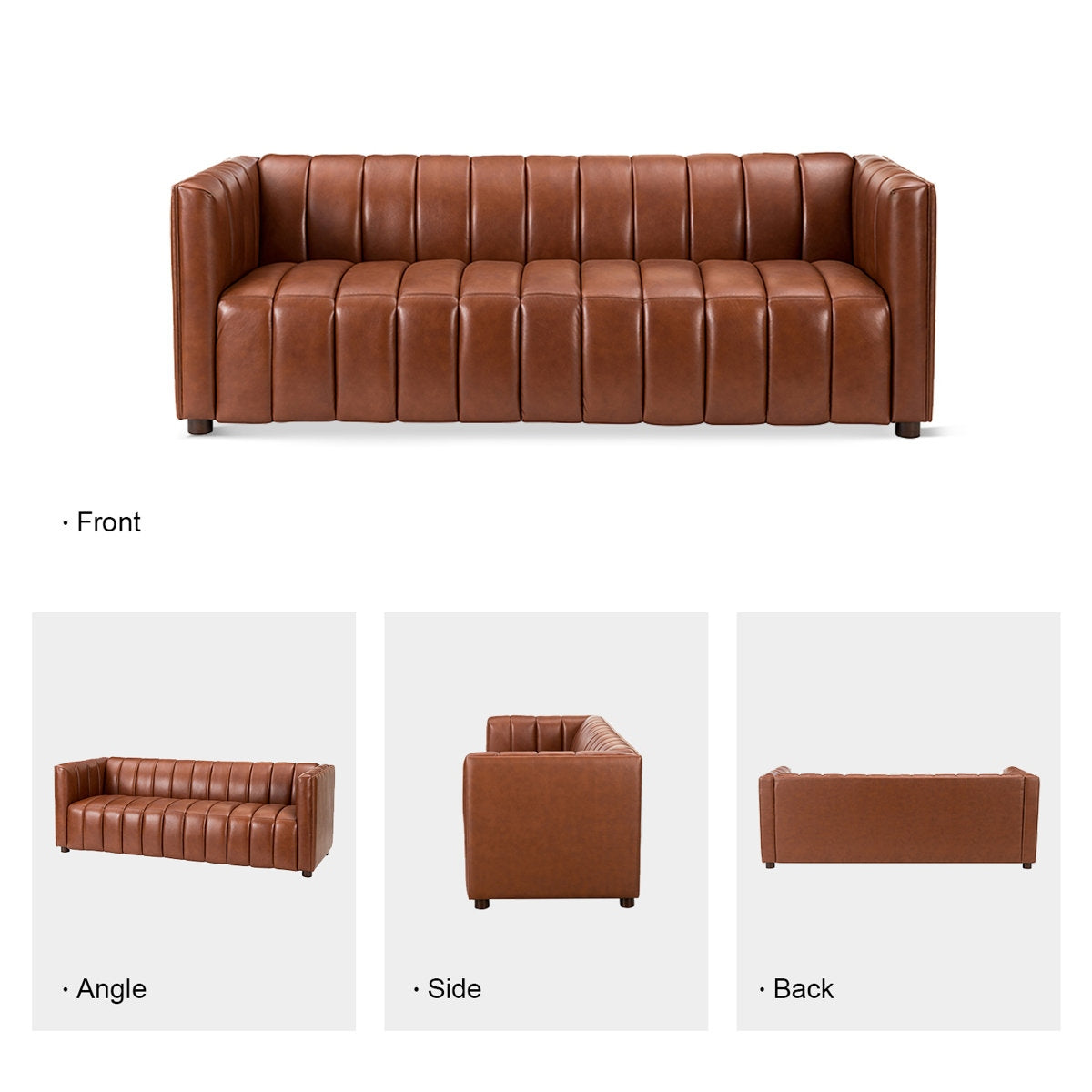Brown leather sofa shown from front, angle, side, and back perspectives on a white background.