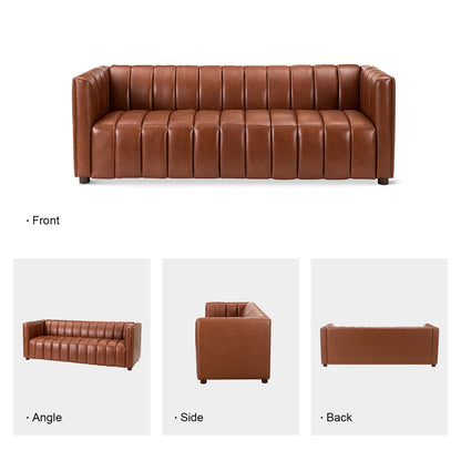 Brown leather sofa shown from front, angle, side, and back perspectives on a white background.