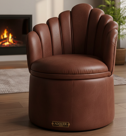 Brown leather swivel chair in a living room setting with a fireplace and plant.