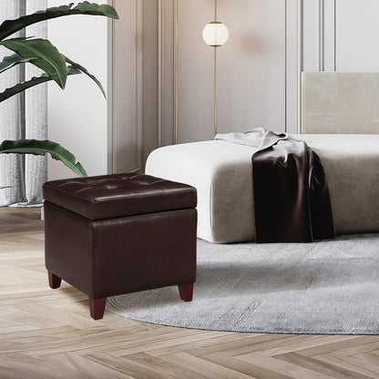 Brown ottoman in a bedroom setting with a bed and plant.