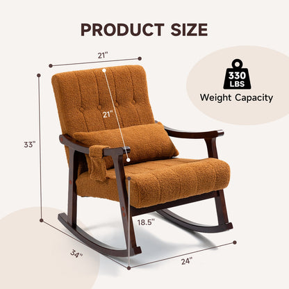 Brown rocking chair with measurements and weight capacity label on a white background