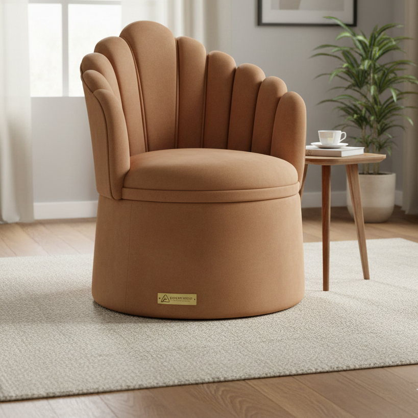 Brown shell-back chair in a living room setting with a small table and plant.
