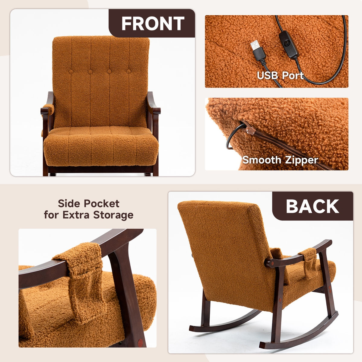 Brown upholstered chair with USB port, side pocket, and smooth zipper features.