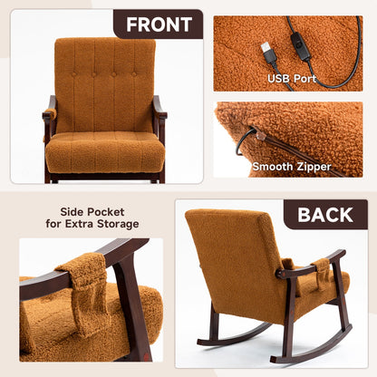 Brown upholstered chair with USB port, side pocket, and smooth zipper features.