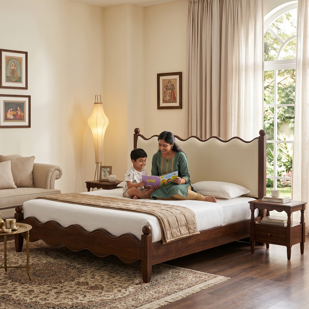 Woman and child reading on a wooden bed in a well-lit bedroom