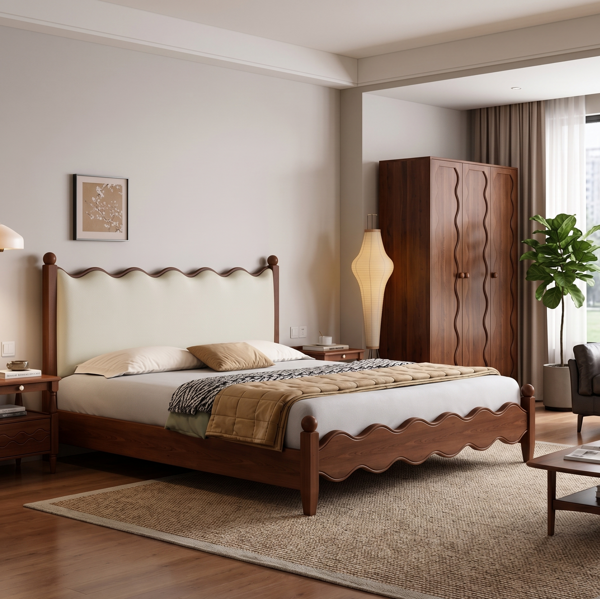 Bedroom with wooden bed and wardrobe, light-colored walls, and a plant.