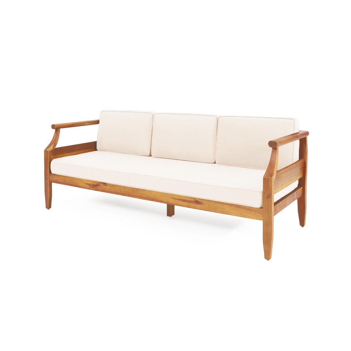 Wooden sofa with white cushions on a white background