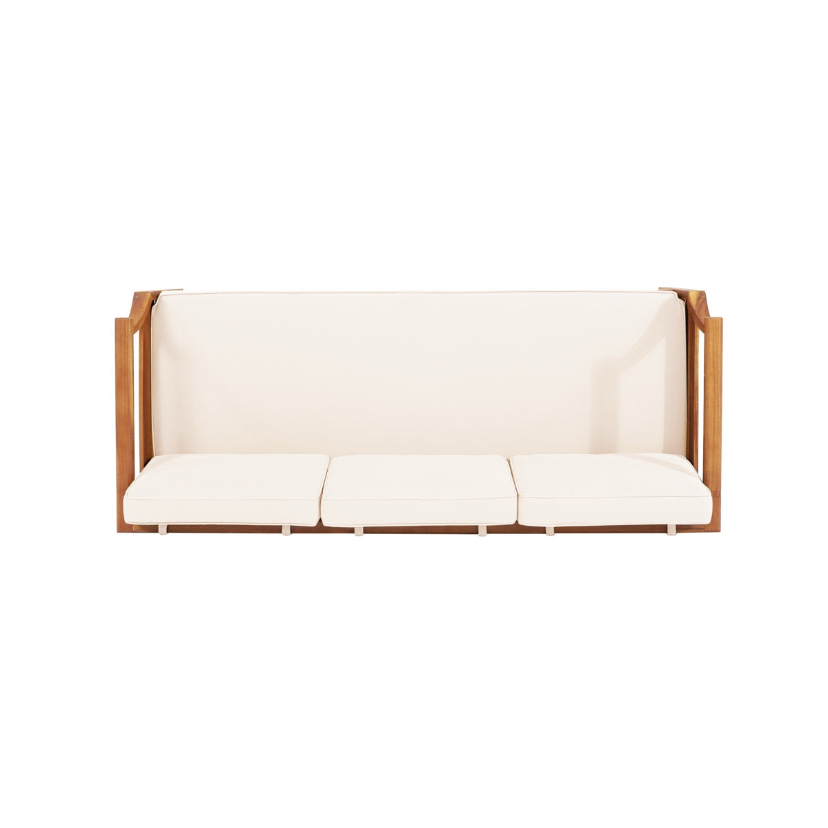 Sofa with wooden frame and white cushions on a white background