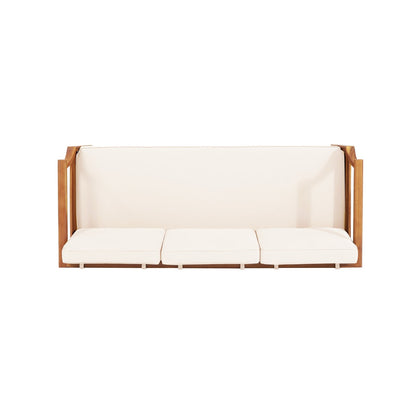 Sofa with wooden frame and white cushions on a white background
