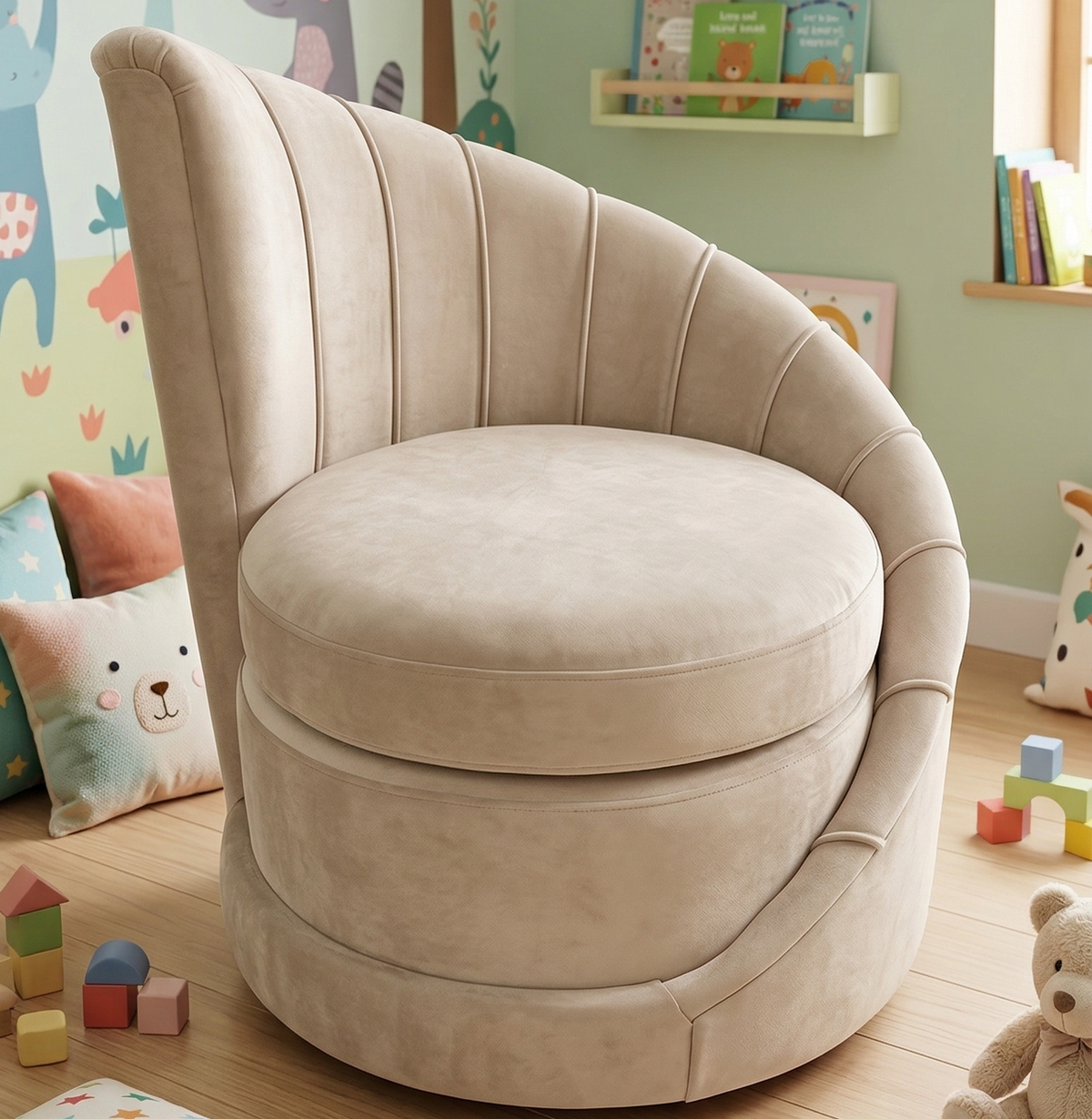 Beige armchair in a child's room with toys and colorful walls.