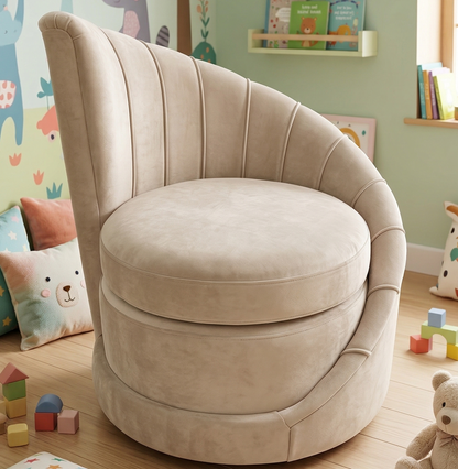 Beige armchair in a child's room with toys and colorful walls.