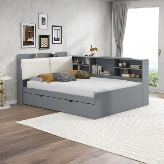 Gray bed with bookshelves in a bedroom setting