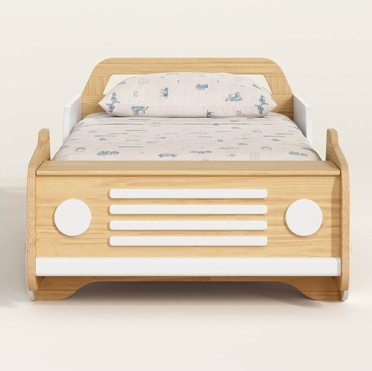 Wooden bed designed like a car with a white interior on a light background