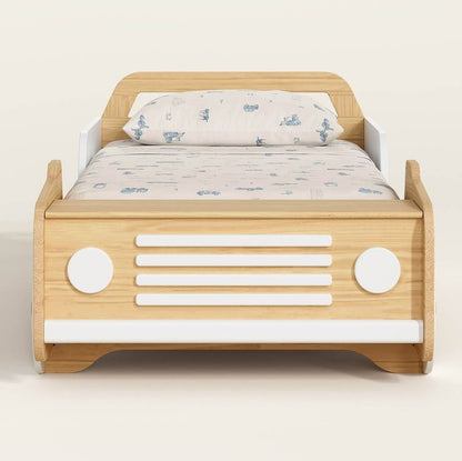 Wooden bed designed like a car with a white interior on a light background