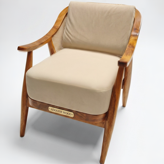 Wooden armchair with beige cushions on a white background