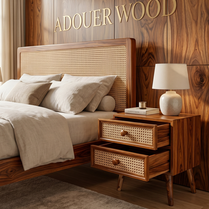Wooden bed with wicker headboard and nightstand against a wooden wall with 'ADOUER WOOD' branding.