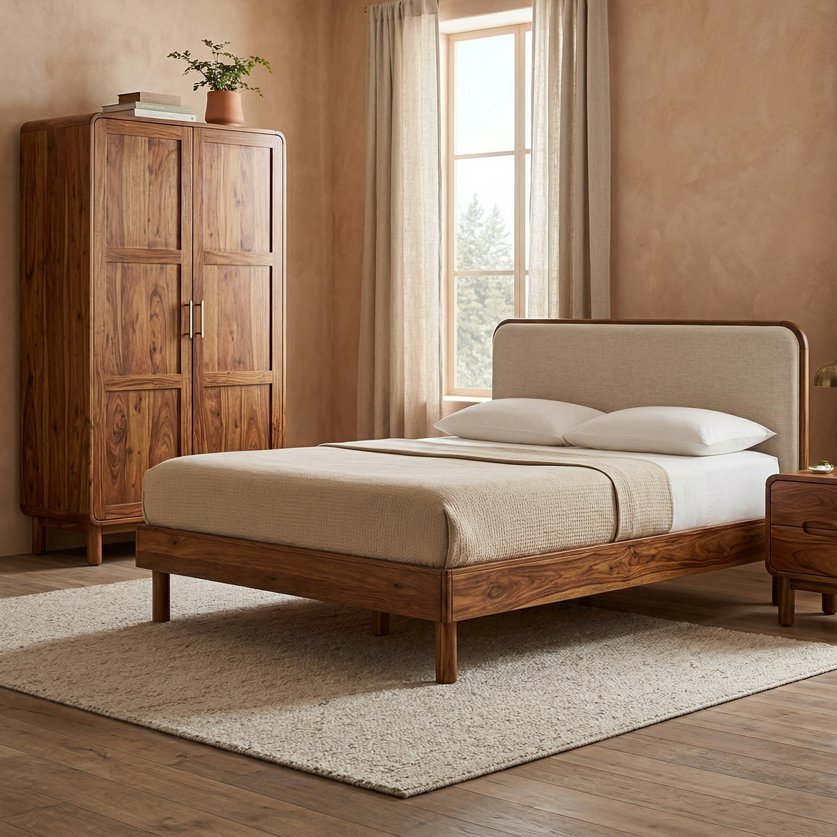 Wooden bed with beige bedding in a bedroom setting with a wooden wardrobe and window.