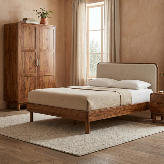 Wooden bed with beige bedding in a bedroom setting with a wooden wardrobe and window.