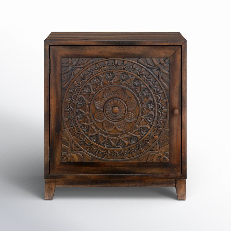 Wooden cabinet with intricate carvings on a white background