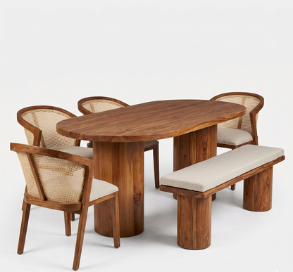 Wooden dining set with chairs and a bench on a white background
