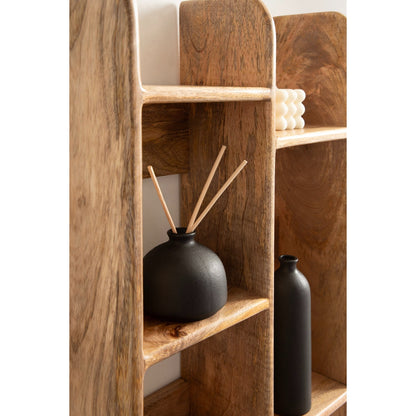 Wooden shelf with black vase and diffuser on a white background