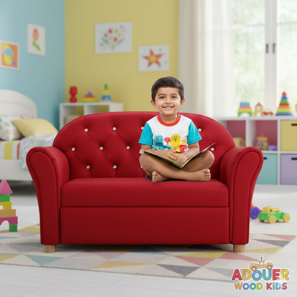 Child sitting on a red children's sofa in a colorful room with toys and furniture.