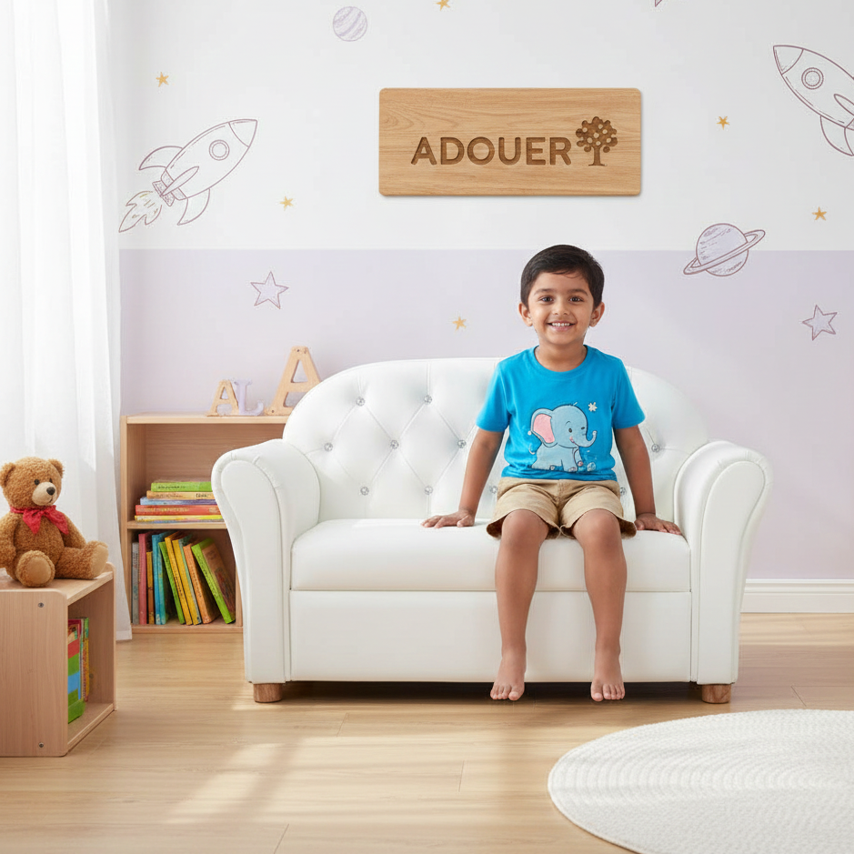 Child sitting on a white children's sofa in a room with 'ADOUER' branding.