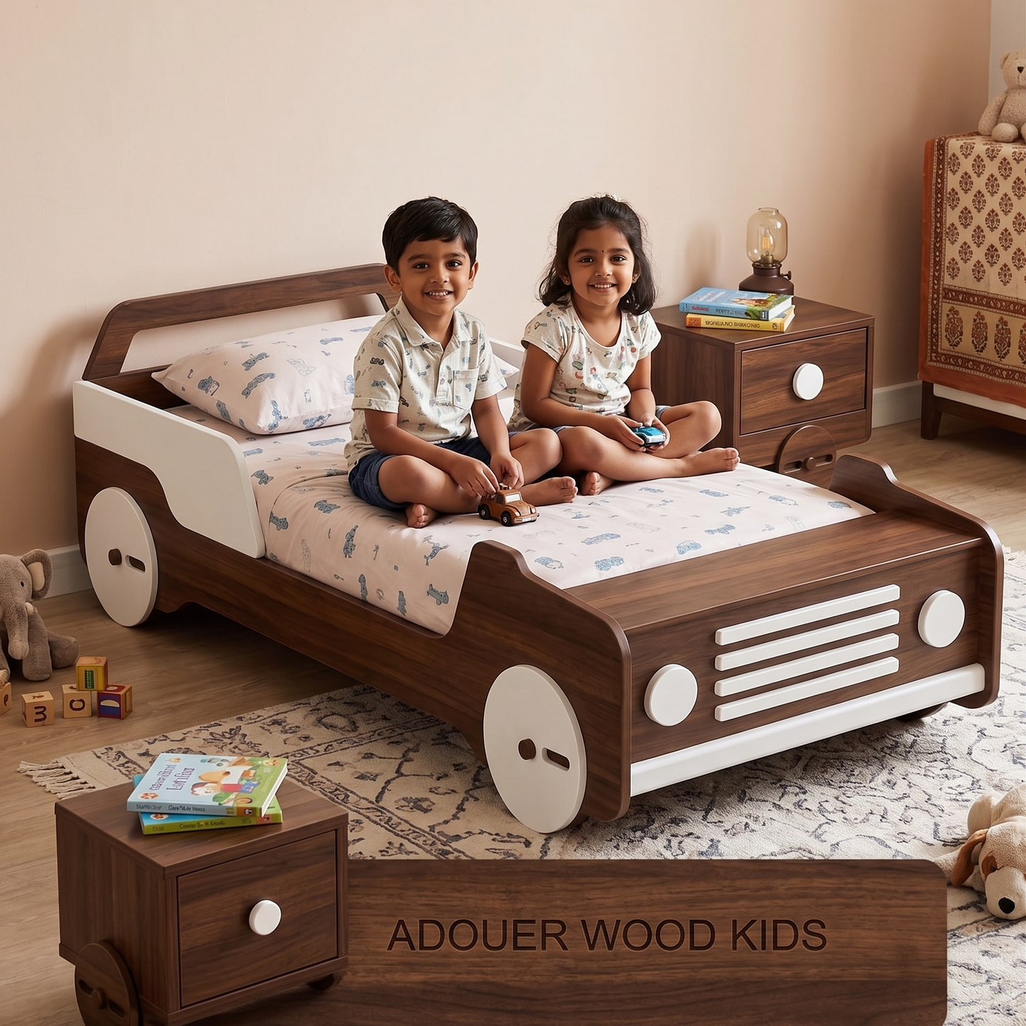 Children sitting on a wooden bed shaped like a car in a room.