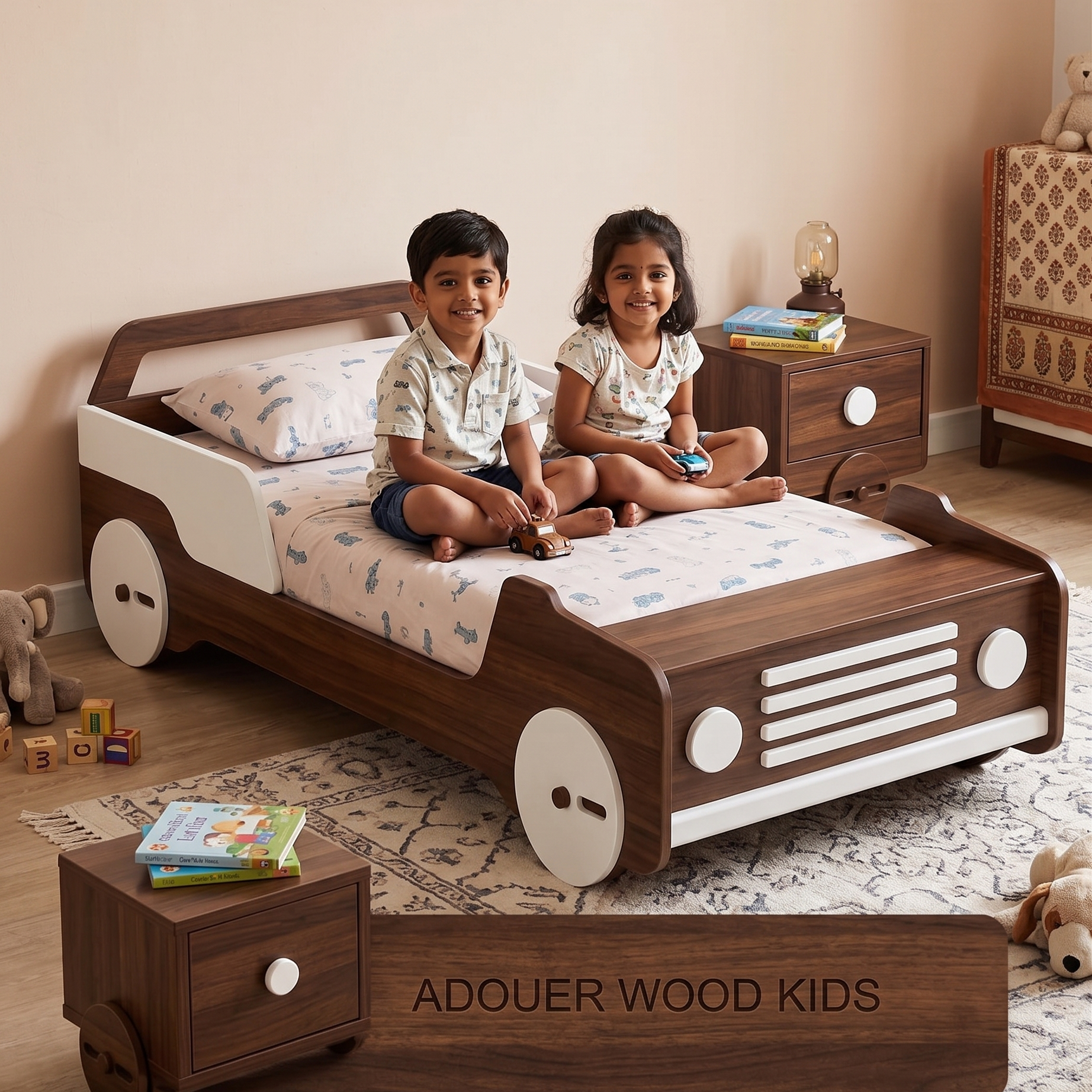 Children sitting on a wooden bed shaped like a car in a room.