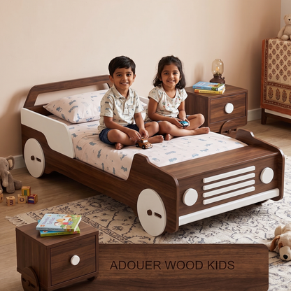 Children sitting on a wooden bed shaped like a car in a room.