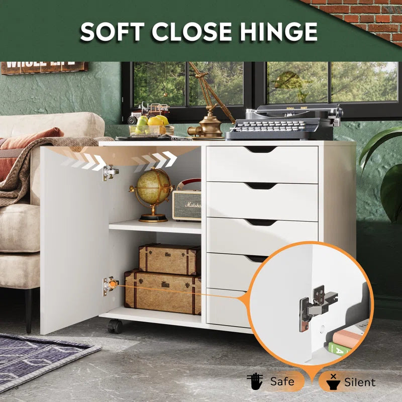 Cabinet with soft close hinge feature in a home setting